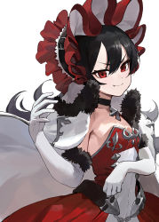 Rule 34 | 1girl, belt, black hair, blush, bonnet, breasts, chain, cloak, closed mouth, collarbone, dress, elbow gloves, fang, fur-trimmed cloak, fur trim, gloves, hair between eyes, highres, illya (small) (princess connect!), illya (princess connect!), long hair, looking at viewer, modare, princess connect!, red dress, red eyes, simple background, small breasts, smile, solo, split mouth, white background, white cloak, white gloves