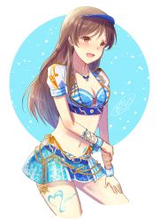 Rule 34 | 1girl, :d, blue background, blue hat, blue skirt, body writing, breasts, brown eyes, brown hair, character name, cleavage, cropped jacket, cropped torso, hat, idolmaster, idolmaster cinderella girls, ittokyu, jacket, long hair, looking at viewer, medium breasts, navel, nitta minami, open mouth, puffy short sleeves, puffy sleeves, short sleeves, signature, skirt, smile, solo, two-tone background, very long hair, visor cap, white background, white jacket, wrist cuffs