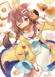 Rule 34 | 1girl, animal ears, blush, bone, bone hair ornament, braid, bread, bread slice, breasts, brown hair, chibi, chocolate, chocolate cornet, cleavage, collar, collarbone, commentary, cowboy shot, crescent, croissant, dog ears, dog girl, dog tail, doughnut, dress, egg, egg (food), food, hair between eyes, hair ornament, hand on own knee, hanekoto, highres, hololive, hoso-inu, inugami korone, inugami korone (1st costume), jacket, listener (inugami korone), looking at viewer, medium breasts, medium hair, melon bread, mouth hold, nekomata okayu, off shoulder, one eye closed, open clothes, open jacket, red collar, red eyes, severed finger, side braids, simple background, sleeveless, sleeveless dress, smile, solo, sunny side up egg, tail, toast, twin braids, twitter username, v, virtual youtuber, white background, white dress, wristband, yellow jacket