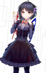 Rule 34 | 1girl, ahoge, alternate costume, asymmetrical wings, black choker, black hair, black pantyhose, black shirt, black skirt, bow, bowtie, breasts, choker, closed mouth, crepe, earrings, flower, food, hair flower, hair ornament, highres, holding, holding food, houjuu nue, jewelry, kisamu (ksmz), licking lips, light smile, long sleeves, looking at viewer, medium breasts, medium hair, nail polish, orange eyes, pantyhose, pink nails, pointy ears, purple flower, red bow, red bowtie, sash, shirt, skirt, solo, standing, tongue, tongue out, touhou, underbust, white background, wings