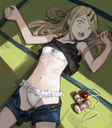 Rule 34 | 10s, 1girl, bad id, bad pixiv id, bare arms, bare shoulders, black tank top, blonde hair, blush, bow, bow bra, bra, breasts, clothes lift, clothes pull, commentary, dagashi kashi, endou saya, fang, frilled panties, frills, hair ornament, hair spread out, hairclip, highres, kendama, long hair, looking at viewer, lying, navel, on back, on floor, open mouth, panties, sagami (rankaaisiteru), sanpaku, shirt lift, shorts, shorts pull, small breasts, solo, stomach, tank top, tatami, teeth, underwear, white bra, white panties