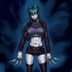 Rule 34 | 1girl, abs, aura, bad id, bad pixiv id, between fingers, breasts, crop top, cropped jacket, dual wielding, green hair, holding, knife, large breasts, long hair, midriff, mouth hold, navel, pale skin, short shorts, shorts, solo, thighhighs, triple wielding, yurikawa saki, zombie, zombie-ya reiko