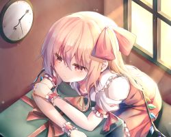 Rule 34 | 1girl, ascot, blonde hair, blush, box, clock, day, expressionless, flandre scarlet, from above, gift, gift box, hair between eyes, hair ribbon, hand on own arm, highres, indoors, laevatein, leaning on object, light particles, light rays, looking to the side, no headwear, pudding (skymint 028), puffy short sleeves, puffy sleeves, red eyes, red skirt, red vest, ribbon, shirt, short hair, short sleeves, side ponytail, sitting, skirt, slit pupils, solo, sunbeam, sunlight, touhou, vest, white shirt, window, wings, wrist cuffs, yellow ascot