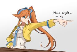 1girl ace_attorney athena_cykes blue_eyes blue_necktie blue_ribbon breasts formal frown gumi_(gelatin) hair_ribbon high_ponytail jewelry large_breasts long_hair necklace necktie objection orange_hair phoenix_wright:_ace_attorney_-_dual_destinies pointing ribbon shirt side_ponytail simple_background solo suit white_background white_shirt yellow_suit