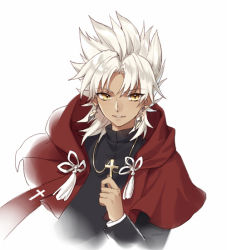 Rule 34 | 1boy, amakusa shirou (fate), cross, cross necklace, earrings, fate/grand order, fate (series), habit, hand up, holding, jewelry, kangetsu (fhalei), latin cross, long sleeves, looking at viewer, male focus, necklace, parted bangs, parted lips, pointy hair, robe, simple background, smile, solo, tassel, white background, white hair, yellow eyes