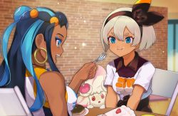 Rule 34 | 2girls, :t, alcremie, alcremie (love sweet), bare arms, bea (pokemon), black bodysuit, black hair, black hairband, blonde hair, blue eyes, blue eyeshadow, blue hair, blush, bodysuit, bodysuit under clothes, bow hairband, cake, cake slice, chair, closed mouth, collared shirt, commentary request, creatures (company), dark-skinned female, dark skin, earrings, eating, eye contact, eyelashes, eyeshadow, food, food on face, fork, game freak, gen 8 pokemon, gym leader, hair between eyes, hairband, highres, holding, holding fork, hoop earrings, jewelry, katwo, long hair, looking at another, makeup, multiple girls, nail polish, necklace, nessa (pokemon), nintendo, open mouth, pink nails, plate, pokemon, pokemon (creature), pokemon swsh, print shirt, shirt, short hair, short sleeves, sitting, smile, table, teeth, tied shirt