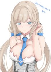 Rule 34 | 1girl, absurdres, between breasts, blue bow, blue eyes, blue necktie, bow, breasts, detached collar, dress, earrings, english text, hair bow, highres, jewelry, kantai collection, ken (shutenndouji1), large breasts, long hair, low twintails, maryland (kancolle), necktie, necktie between breasts, simple background, solo, strapless, strapless dress, twintails, upper body, very long hair, white background