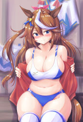 Rule 34 | 1girl, absurdres, alternate breast size, animal ears, bare shoulders, blue eyes, blue panties, blush, breasts, brown hair, cleavage, commentary request, hair between eyes, highres, horse ears, horse girl, indoors, jacket, large breasts, long hair, looking at viewer, nose blush, open clothes, open jacket, panties, red jacket, revision, sitting, solo, sports bra, thick thighs, thighhighs, thighs, tokai teio (umamusume), tong shui, umamusume, underwear, very long hair, white thighhighs