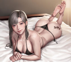 Rule 34 | 1girl, absurdres, ass, bad id, bad pixiv id, barefoot, bed sheet, bikini, black bikini, body writing, breasts, brown eyes, cleavage, closed mouth, commentary request, feet, grey hair, heart, highres, huge filesize, indoors, kidmo, legs up, long hair, looking at viewer, lying, mole, mole on breast, mole under mouth, on bed, on stomach, original, side-tie bikini bottom, side-tie bottom, smile, soles, solo, swimsuit, the pose, toes