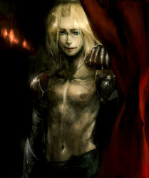 Rule 34 | 1boy, armor, bad id, bad pixiv id, blonde hair, blue eyes, claws, creepy, curtains, gauntlets, gloves, highres, lucy (artist), male focus, realistic, red curtains, ruushii, topless male, smile, solo, sydney losstarot, vagrant story