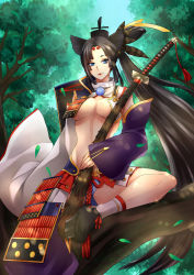 Rule 34 | 1girl, aged up, armor, asymmetrical sleeves, black hair, blue eyes, breasts, cleavage, detached sleeves, fate/grand order, fate (series), hat, highres, japanese armor, kusazuri, long hair, mismatched sleeves, parted lips, pom pom (clothes), revealing clothes, saboten ouji, sheath, sheathed, sideboob, sitting, socks, solo, tree, underwear, ushiwakamaru (fate), very long hair, white socks