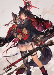 Rule 34 | 1girl, absurdres, animal ears, black hair, black kimono, blue archive, colored inner hair, feet out of frame, floral print, fox ears, fox mask, fox tail, gun, halo, highres, holding, holding gun, holding mask, holding weapon, japanese clothes, kimono, long hair, long sleeves, mask, multicolored hair, obi, open mouth, print kimono, red hair, red halo, sash, smile, solo, tail, thigh strap, wakamo (blue archive), weapon, wide sleeves, yanyan (shinken gomi), yellow eyes