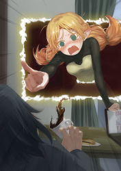 Rule 34 | 1boy, 1girl, @ @, absurdres, black hair, black shirt, blonde hair, blush, coffee, coffee cup, commentary request, computer, cup, curtains, disposable cup, dress, elf, food, forehead jewel, green dress, green eyes, highres, isekai ojisan, laptop, long hair, long sleeves, pointing, pointy ears, portal (object), shibazaki yousuke, shirt, shouting, sui (isekai ojisan), table, tears, wanwu jie quan, wavy mouth, window