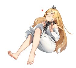 Rule 34 | 1girl, barefoot, beeeeen, blonde hair, breasts, chain, character request, closed eyes, closed mouth, collar, copyright request, cream, cream on face, cuffs, dress, eating, eyelashes, feet, food, food on face, fork, full body, hands up, heart, hime (himesama goumon), holding, knees up, leaning back, long hair, metal collar, off shoulder, shackles, sidelocks, simple background, sitting, small breasts, soles, solo, spread toes, toenails, toes, white dress