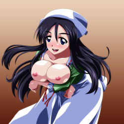 Rule 34 | 1girl, ariyon, black hair, blue eyes, blush, breast hold, breasts, breasts out, headband, highres, jessica (zero no tsukaima), large breasts, long hair, looking at viewer, nipples, no bra, open mouth, simple background, skirt, smile, standing, zero no tsukaima