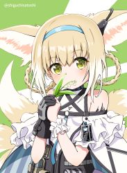 Rule 34 | 1girl, animal ear fluff, animal ears, arknights, bare shoulders, black gloves, blue hairband, braided hair rings, brown eyes, commentary request, female focus, flower, gloves, green background, hair between eyes, hairband, highres, holding, holding flower, infection monitor (arknights), light brown hair, lily of the valley, looking at viewer, material growth, multicolored hair, multiple tails, name connection, object namesake, oripathy lesion (arknights), panikuru yuuto, single glove, single wrist cuff, solo, striped, suzuran (arknights), tail, twitter username, two-tone background, two-tone hair, upper body, vertical stripes, white background, white flower, white hair, wrist cuffs