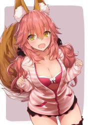 Rule 34 | 10s, 1girl, :d, animal ears, artist name, blush, breasts, cleavage, cowboy shot, eyebrows, fangs, fate/extra, fate/extra ccc, fate (series), fox ears, fox tail, frills, highres, hood, hoodie, large breasts, long hair, looking at viewer, official alternate costume, open mouth, outside border, pink hair, scrunchie, smile, solo, striped clothes, striped hoodie, tail, tamamo (fate), tamamo no mae (fate/extra), tamamo no mae (spring casual) (fate), thigh gap, thighhighs, thighs, twintails, unzipped, yaman (yamanta lov), yellow eyes, zipper