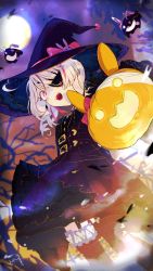 Rule 34 | 1girl, :d, black dress, black hat, black thighhighs, blunt bangs, bow, dress, eyepatch, from below, full moon, garter straps, gothic lolita, halloween, hat, highres, jack-o&#039;-lantern, lolita fashion, looking at viewer, looking down, maria marionette, medium hair, moon, multicolored hair, night, nijisanji, nijisanji en, one eye covered, open mouth, pink bow, pink hair, smile, solo, streaked hair, thighhighs, tottiitottii, virtual youtuber, white hair, witch hat