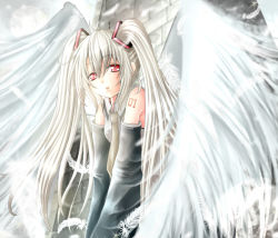 Rule 34 | 1girl, albino (vocaloid), alternate hair color, dabadhi, detached sleeves, feathers, female focus, hatsune miku, long hair, necktie, open mouth, red eyes, solo, twintails, vocaloid, white hair, wings