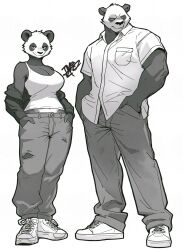 Rule 34 | 1boy, 1girl, absurdres, bare shoulders, black jacket, breasts, cleavage, collared shirt, commentary, dress shirt, full body, furry, furry female, furry male, grey fur, grey pants, hands in pockets, height difference, highres, jacket, large breasts, looking at viewer, midriff, monochrome, multicolored fur, navel, off shoulder, original, panda boy, panda girl, pants, shirt, shoes, simple background, smile, smirk, sneakers, symbol-only commentary, tank top, tomochiso, untucked shirt, white background, white footwear, white fur, white tank top