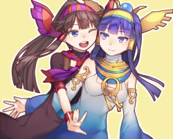 Rule 34 | 2girls, armlet, black dress, black hair, blue eyes, blue hair, bracer, breasts, cleavage, detached sleeves, dress, egyptian, hair tubes, hairband, isis (p&amp;d), jewelry, kibamigohann, long hair, long sleeves, looking at another, multiple girls, nephthys (p&amp;d), one eye closed, outline, ponytail, purple eyes, puzzle &amp; dragons, siblings, simple background, sisters, small breasts, white dress, winged hair ornament, yellow background