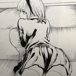 Rule 34 | 10s, 1girl, ass, back, blunt bangs, commentary request, dagashi kashi, from behind, greyscale, hairband, highres, kotoyama, long sleeves, looking to the side, lying, monochrome, on floor, on stomach, ringed eyes, shidare hotaru, shirt, short hair, skirt, solo, string, tatami, thighhighs, thighs, traditional media, wall