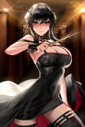 Rule 34 | 1girl, absurdres, arm at side, bare shoulders, black dress, black hair, black thighhighs, breasts, cian yo, closed mouth, covered navel, dagger, dress, fingerless gloves, flower, gloves, gold hairband, hairband, hand up, highres, holding, holding weapon, indoors, jewelry, knife, large breasts, looking at viewer, red eyes, rose, short hair with long locks, sidelocks, solo, spy x family, stiletto (weapon), thighhighs, weapon, yor briar