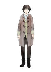 Rule 34 | 1boy, brown eyes, brown hair, coat, full body, male focus, no.6, official art, pants, shion (no.6), short hair, simple background, solo, toi8, white background