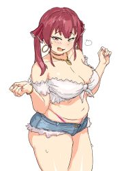 Rule 34 | 1girl, belly, blush, breasts, cleavage, crop top, drawfag, frilled shirt, frills, heterochromia, highres, hololive, houshou marine, large breasts, looking at viewer, navel, off-shoulder shirt, off shoulder, open mouth, panties, pink panties, plump, red eyes, red hair, shirt, short shorts, shorts, smile, smug, solo, sweat, thong, twintails, underwear, virtual youtuber, white shirt, yellow eyes