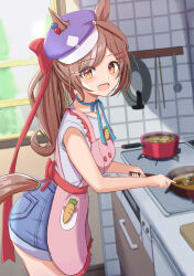 Rule 34 | 1girl, absurdres, alternate costume, alternate hairstyle, animal ears, apron, blush, brown hair, cabbie hat, collarbone, cooking, cowboy, denim, denim shorts, filkia, from side, hair ornament, hairclip, hat, highres, horse ears, horse girl, horse tail, kitchen, long hair, looking at viewer, matikane tannhauser (umamusume), multicolored hair, open mouth, pink apron, ponytail, short sleeves, shorts, smile, solo, streaked hair, tail, umamusume, western, white hair