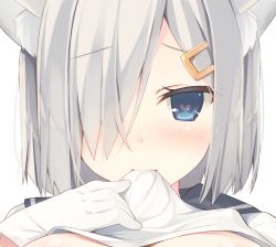 Rule 34 | 10s, 1girl, animal ears, blue eyes, blush, cat ears, clothes in mouth, clothes lift, commentary request, gloves, hair ornament, hair over one eye, hairclip, hamakaze (kancolle), heart, heart-shaped pupils, highres, kantai collection, looking at viewer, miko (royal milk), mouth hold, portrait, shirt in mouth, shirt lift, silver hair, solo, symbol-shaped pupils, white background