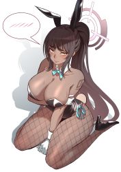 Rule 34 | 1girl, absurdres, animal ears, aqua bow, between legs, black footwear, black hair, black leotard, blue archive, blush, bow, breast hold, breasts, carcass (artist), cleavage, closed mouth, dark-skinned female, dark skin, detached collar, fake animal ears, fake tail, fishnet pantyhose, fishnets, full body, gloves, halo, hand between legs, high heels, high ponytail, highleg, highleg leotard, highres, karin (blue archive), karin (bunny) (blue archive), korean commentary, large breasts, legs folded, leotard, long bangs, looking at viewer, looking up, number tattoo, official alternate costume, pantyhose, playboy bunny, rabbit tail, shadow, side-tie leotard, sidelocks, simple background, sitting, solo, speech bubble, strapless, strapless leotard, sweat, tail, tattoo, wariza, white background, white gloves, wrist cuffs, yellow eyes