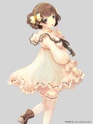 Rule 34 | 1girl, brown eyes, brown hair, dress, finger to mouth, hair ornament, hairband, ilog, looking at viewer, occhan (11715), official art, open mouth, short hair, solo, standing, standing on one leg