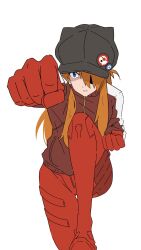 Rule 34 | 1girl, angry, black hat, blue eyes, bodysuit, breasts, brown hair, clenched teeth, cowboy shot, evangelion: 3.0 you can (not) redo, expressionless, eyepatch, hat, highres, himagin20180321, jacket, long hair, looking at viewer, neon genesis evangelion, plugsuit, punching, rebuild of evangelion, red bodysuit, red jacket, shiny clothes, simple background, small breasts, solo, souryuu asuka langley, standing, straight hair, swept bangs, teeth, translation request, twintails, very long hair