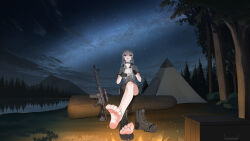 Rule 34 | 1girl, absurdres, barefoot, campfire, feet, forest, grey hair, gun, highres, long hair, looking up, nature, night, night sky, open mouth, red eyes, shoes, sky, soles, tent, toes, unworn shoes, weapon