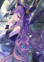 Rule 34 | 1girl, absurdres, arknights, bare shoulders, black hairband, black shirt, commentary request, finger to mouth, grey jacket, hairband, hand up, highres, holding, horns, jacket, light particles, long hair, long sleeves, off shoulder, partial commentary, purple hair, purple horns, red eyes, shirt, sleeveless, sleeveless shirt, solo, typhon (arknights), upper body, yoshiji shuuman (ymonkeyy)