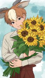 Rule 34 | 1boy, animal ears, belt, blonde hair, blue background, blue eyes, bouquet, closed mouth, collared shirt, deer boy, deer ears, dress shirt, extra ears, flower, head tilt, highres, holding, holding bouquet, horns, long hair, long sleeves, looking at viewer, male focus, mononoke hime, multicolored hair, orange hair, personification, rikaco1988, shirt, short hair, smile, solo, sunflower, two-tone hair, upper body, white shirt, yakul