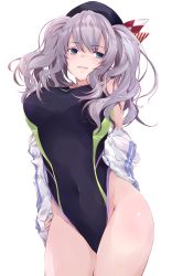 Rule 34 | 1girl, bad id, bad twitter id, beret, blue eyes, blush, breasts, competition swimsuit, covered navel, hat, jacket, kantai collection, kashima (kancolle), large breasts, long hair, off shoulder, one-piece swimsuit, silver hair, simple background, solo, swimsuit, twintails, wavy hair, white background, white jacket, yumesato makura