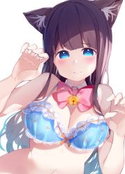 Rule 34 | 1girl, animal ear fluff, animal ears, arm up, bell, blue bra, blue eyes, blush, bow, bow bra, bra, breasts, brown hair, cat ears, chikuwa., claw pose, cleavage, closed mouth, collar, commentary, detached collar, fingernails, frilled bra, frills, hand up, highres, jingle bell, large breasts, long hair, looking at viewer, original, pink bow, simple background, solo, symbol-only commentary, underwear, underwear only, upper body, very long hair, white background, white collar, wing collar
