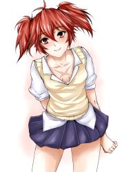 Rule 34 | 10s, 1girl, akuma no riddle, arm behind back, collarbone, ichinose haru, looking at viewer, nonoririn, red eyes, red hair, scar, school uniform, short hair, simple background, skirt, smile, solo, sweater vest, white background