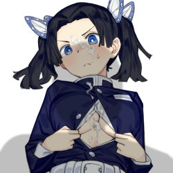 Rule 34 | 1girl, belt, black hair, black jacket, blue eyes, blush, breasts, butterfly hair ornament, cum, cum on body, cum on breasts, cum on clothes, cum on upper body, facial, hair ornament, highres, jacket, kanzaki aoi (kimetsu no yaiba), kimetsu no yaiba, large breasts, long hair, long sleeves, looking at viewer, lying, no bra, on back, onsen tamago (hs egg), open clothes, open shirt, out of frame, parted bangs, pov, shadow, shirt, solo, sweatdrop, twintails, underboob, uniform, upper body, white belt, white shirt