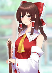 Rule 34 | 1girl, absurdres, ascot, bare shoulders, blurry, blurry background, bow, breasts, broom, brown hair, closed mouth, collarbone, collared shirt, commentary request, crop top, detached sleeves, frilled bow, frills, hair bow, hair tubes, hakurei reimu, highres, keenii (kenny86), light smile, looking at viewer, medium breasts, medium hair, midriff, pink eyes, red bow, red shirt, red skirt, shirt, sidelocks, skirt, sleeveless, sleeveless shirt, solo, standing, touhou, upper body, white sleeves, wide sleeves, yellow ascot
