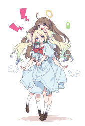 Rule 34 | 2girls, absurdres, ahoge, aqua neckerchief, battery indicator, blonde hair, blue eyes, blue hair, blush, brown footwear, brown hair, closed mouth, detached wings, drawn halo, drawn wings, dress, fang, flower, fujishima megumi, full body, gradient hair, hair flower, hair ornament, halo, hamayumiba sou, hasu no sora school uniform, highres, hug, hug from behind, kneehighs, light blue hair, lightning bolt symbol, link! like! love live!, loafers, long hair, love live!, medium dress, mira-cra park!, mouth hold, multicolored hair, multiple girls, neckerchief, osawa rurino, outstretched arms, parted bangs, pink flower, pleated dress, purple eyes, red neckerchief, sailor collar, sailor dress, school uniform, shoes, short sleeves, skin fang, smile, socks, summer uniform, twintails, two side up, virtual youtuber, white dress, white flower, white sailor collar, white socks, white wings, wings, yellow halo