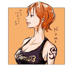 Rule 34 | 1girl, arm tattoo, black tank top, character name, commentary request, heart, highres, looking to the side, nami (one piece), one piece, orange background, orange hair, profile, short hair, sidelocks, solo, tank top, tattoo, torapunch