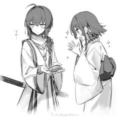 Rule 34 | 1girl, 1other, :d, averting eyes, back bow, blush, bow, bracelet, braid, closed mouth, comb, fate/samurai remnant, fate (series), greyscale, japanese clothes, jewelry, kimono, long sleeves, medal, medium hair, monochrome, ogasawara kaya, open mouth, own hands together, sash, scabbard, sheath, short hair, simple background, smile, translation request, wide sleeves, yamato takeru (fate), yuui1994