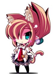 Rule 34 | 1girl, :3, animal ears, blonde hair, blush stickers, cat ears, cat tail, chibi, crazy developers, extra ears, full body, green eyes, hair over one eye, holding own tail, marine (crazy developers), necktie, original, pointy ears, school uniform, sidelocks, skirt, solo, tail, tail grab, thighhighs, transparent background, zettai ryouiki