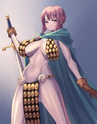 Rule 34 | 1girl, bare arms, bare legs, bare shoulders, braid, breasts, brown gloves, cape, curvy, female focus, gloves, helmet, highres, holding, holding sword, holding weapon, large breasts, long hair, looking at viewer, low ponytail, navel, one piece, pelvic curtain, pink hair, quanero, rebecca (one piece), revealing clothes, shiny skin, single braid, solo, standing, sword, weapon