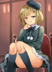 Rule 34 | 1girl, aged down, black socks, blonde hair, blush, bow, breasts, chair, commentary request, dress, fate/grand order, fate (series), green bow, green hat, green jacket, hat, highres, indoors, jacket, kneehighs, long sleeves, looking at viewer, lord el-melloi ii case files, mizuta kenji, reines el-melloi archisorte, ribbon, short hair, sitting, small breasts, socks, solo, yellow eyes