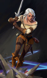 Rule 34 | 1girl, absurdres, belt, black belt, boots, breasts, brown gloves, brown pants, ciri, collarbone, commentary, dark background, elbow gloves, english commentary, gloves, green eyes, highres, holding, holding sword, holding weapon, leather, leather boots, leather gloves, leather pants, lips, nikitanv, open mouth, pants, shirt, short hair, silver hair, simple background, solo, star (symbol), sword, the witcher (series), weapon, white shirt