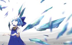 Rule 34 | 1girl, artist name, blue bow, blue dress, blue eyes, blue hair, bow, cirno, commentary request, cowboy shot, dated, dress, hair between eyes, hair bow, ice, ice wings, looking up, namauni, neck ribbon, pinafore dress, puffy short sleeves, puffy sleeves, ribbon, shirt, short hair, short sleeves, sidelocks, sleeveless dress, solo, standing, touhou, white background, white shirt, wings, yellow ribbon